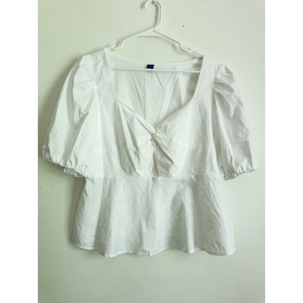 Old Navy White Cotton Puff Sleeve Peplum Blouse Twist Front Cottagecore Top L
